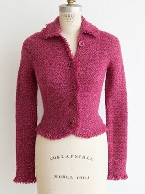 BARNEYS NY Textured Raspberry Pink Bouclé Button Cardigan with fringe detail